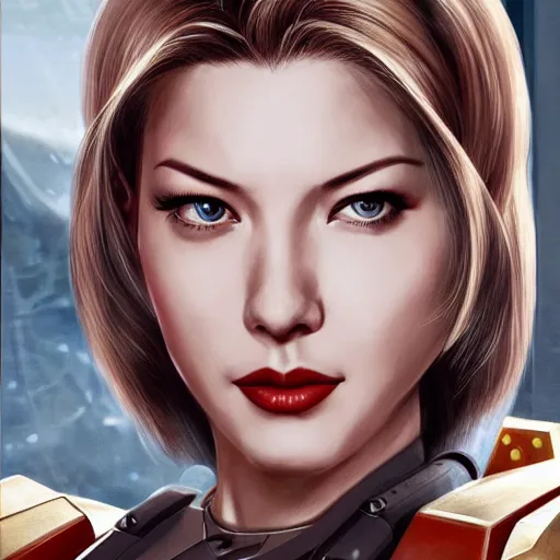 Image similar to A combination of Ada Wong's and Grace Kelly's and Katheryn Winnick's appearances with blonde hair wearing Master Chief's armor from Halo, high tech, action shot, angular, full body portrait, futuristic, dramatic, fantasy, intricate, elegant, highly detailed, digital painting, artstation, concept art, matte, sharp focus, illustration, 8K, art by tian zi and WLOP and alphonse mucha