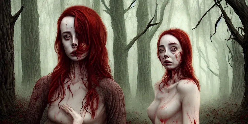 Image similar to surrounded by trees, realistic character concept, gorgeous Kacey Rohl, red hair, small freckles, symmetrical face, symmetrical eyes, full body, covered in blood, dark forest, trees, shorter neck, cinematic lighting, Joshua Middleton and artgerm, Wendigo creature with antlers and a deer skull face lurking in the background, fear anxiety terror