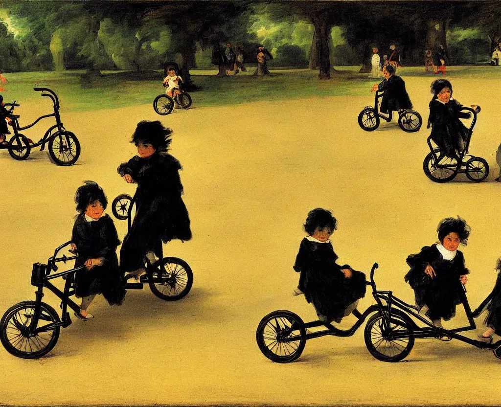 Image similar to children riding tricycles in the park, in the style of francisco goya's black paintings