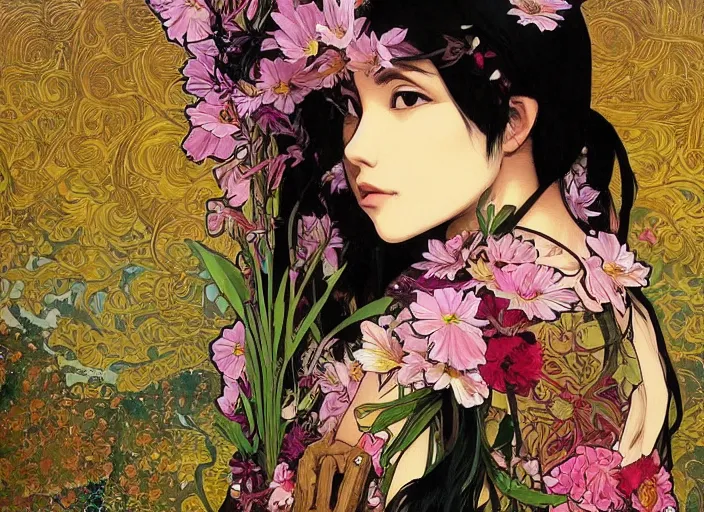 Image similar to oil painting, long shot, beautiful floralpunk iban bio mechanical female illustration detailed patterns art of sarawak traditional dress, flower pop art, floral splash painting, art by ashley wood, alphonse mucha, makoto shinkai, geof darrow, dark shadow