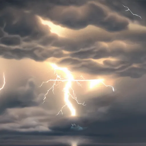 Image similar to roiling clouds with bolts of lightning, hyperrealistic, volumetric lighting, award winning