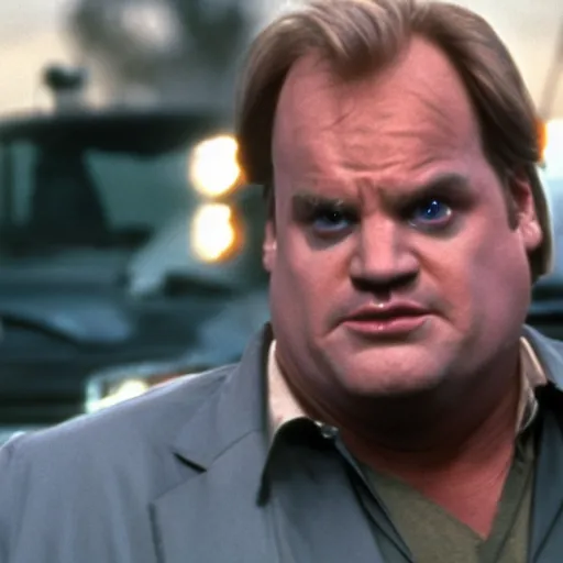 Prompt: chris farley starring in the terminator movie, movie still, 8 k