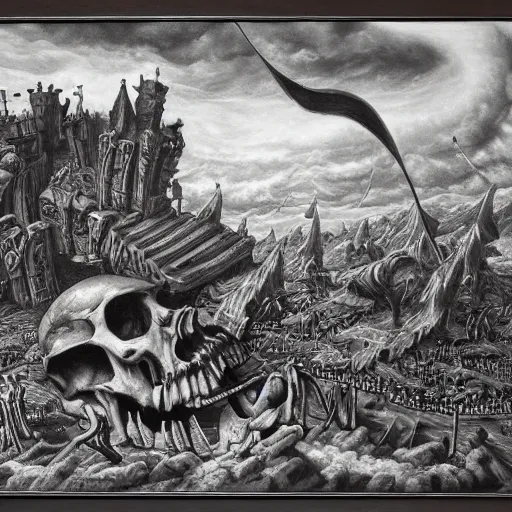 Image similar to Giant skeleton destroying kingdom, detailed art, surrealistic