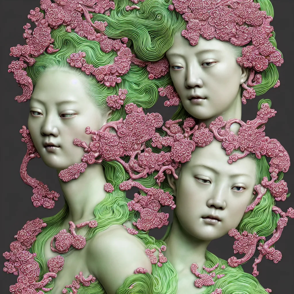 Prompt: A Close up photo real delicate ceramic porcelain sculpture of an ornate detailed blond woman in front of a intricate background by Victo Ngai and takato yamamoto, micro detail, backlit lighting, subsurface scattering, translucent, thin porcelain, octane renderer, neon green light swirling, hot Pink and Black, physically based rendering, japanese pottery, trending on cgsociety