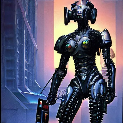 Image similar to a epic female cyberpunk powered armor, super complex and instruct, epic stunning atmosphere, hi - tech synthetic rna bioweapon nanotech demonic monster horror by syd mead, michael whelan, jean leon gerome, junji ito