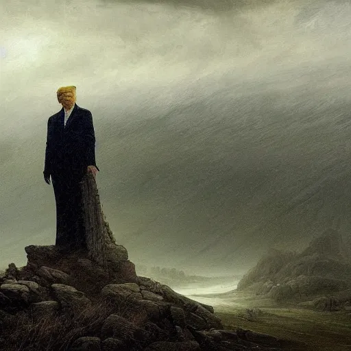 Prompt: donald trump in anguish a desolate misty landscape, painted by caspar david friedrich and greg rutkowski