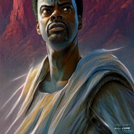 Image similar to chris rock as teferi, in the style of magic the gathering, glacier landscape, d & d, fantasy, intricate, elegant, highly detailed, digital painting, artstation, concept art, matte, sharp focus, illustration, art by artgerm and greg rutkowski and alphonse mucha