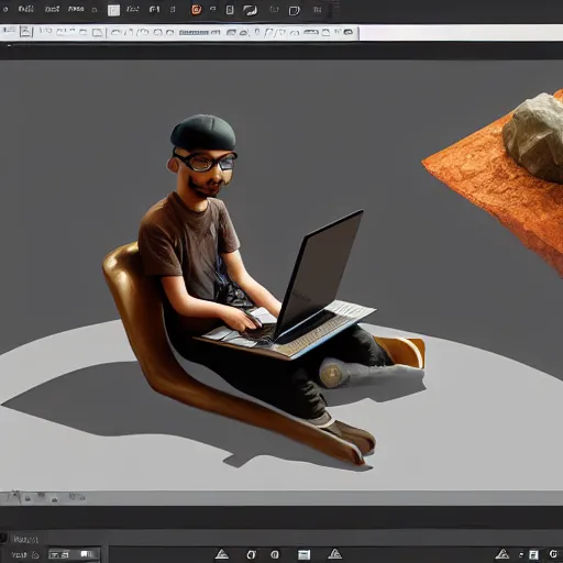 Image similar to a bum using blender 3 d software on his laptop, concept art, trending on artstation, highly detailed, intricate, sharp focus, digital art, 8 k
