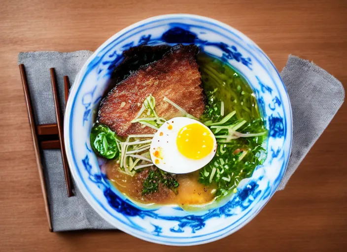 Image similar to dslr food photograph of tankatsu black ramen with a soft boiled egg, 8 5 mm f 1. 8