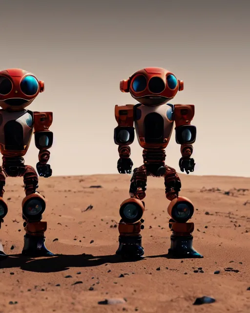 Image similar to high quality presentation photo of cute alien robots on mars, photography 4k, full body, f1.8 anamorphic, bokeh, 4k, Canon, Nikon