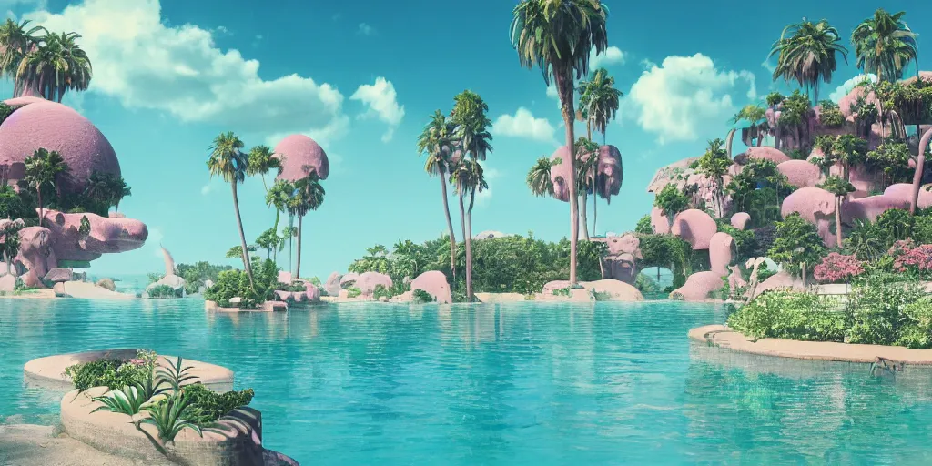 Prompt: Beeple masterpiece, hyperrealistic surrealism, award winning masterpiece with incredible details, epic stunning, infinity pool, a surreal vaporwave liminal space, highly detailed, trending on ArtStation, calming, meditative, pink arches, palm trees, vaporwave, surreal, sharp details, dreamscape, giant head statue ruins, crystal clear water
