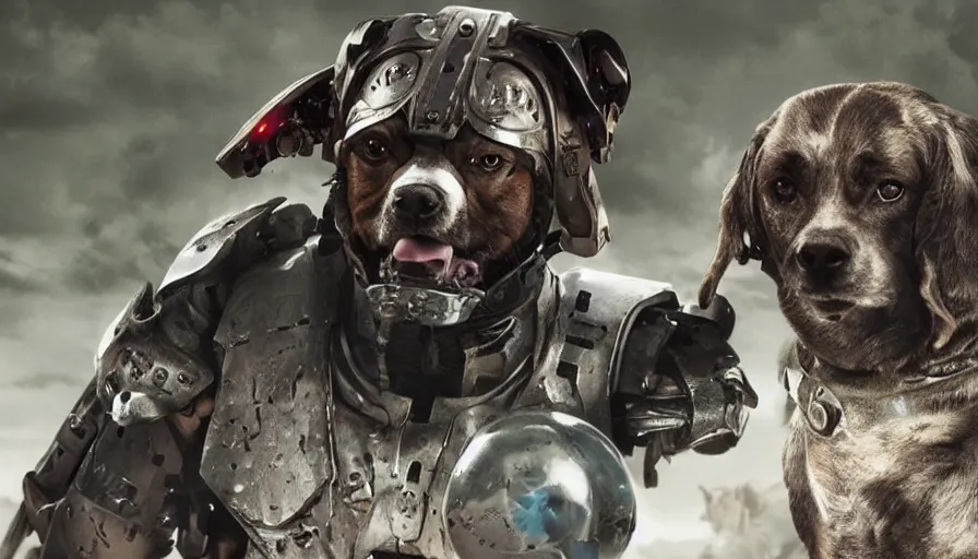 Image similar to a big budget movie about a heroic cyborg dog soldier in an epic battle