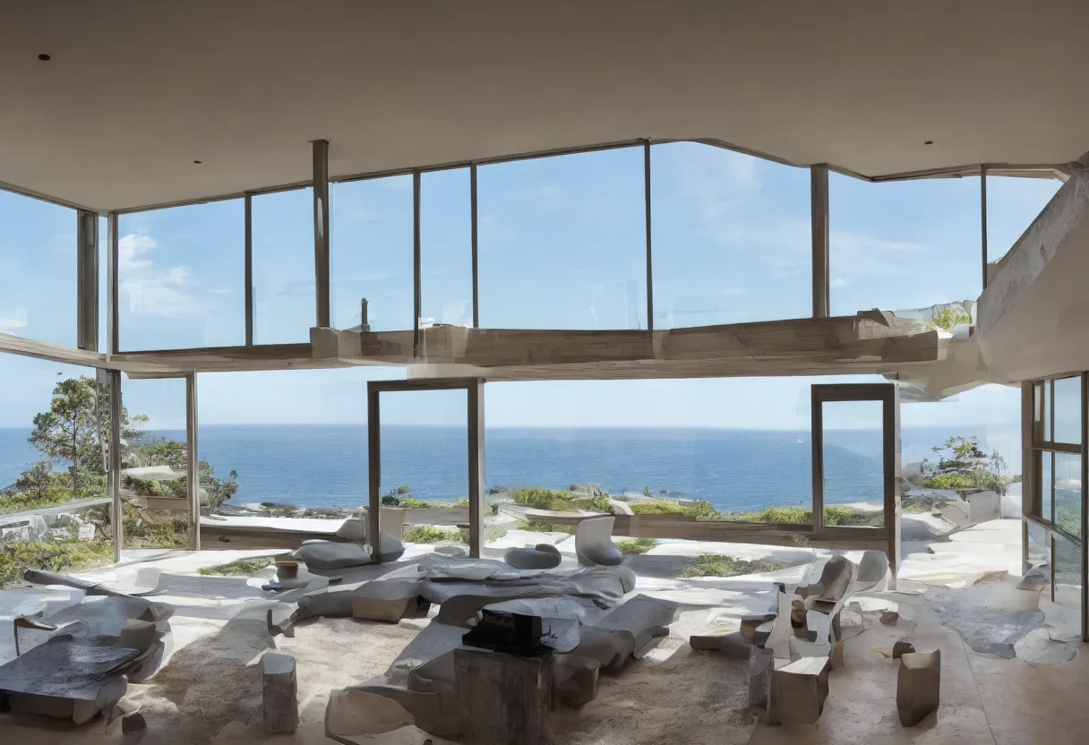 Prompt: Modern interior of a house with big windows, modern furniture at dawn, Located on a cliff view to the sea, detailed architecture coherent high detail