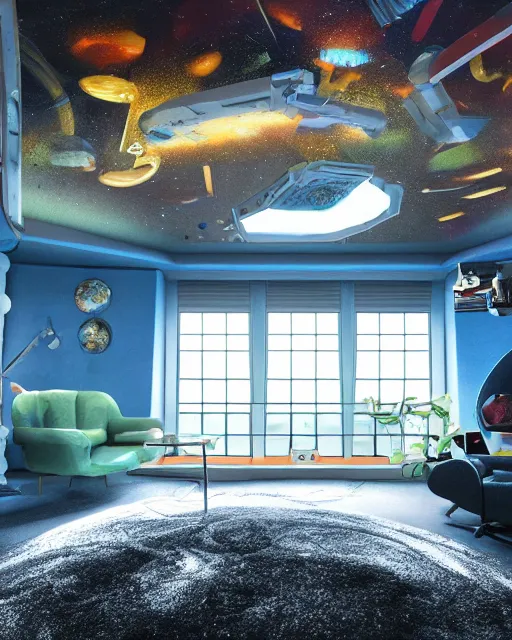 Image similar to artstation scifi scene of a safe room as ikea ad, lounge furniture, carpeted floor, sky mural on the room ceiling, holographic nature art walls, large terrarium, paneled walls, unreal engine 5, hyper realism, realistic shading, cinematic composition, blender render, octane render, hdr, detailed textures, photorealistic, wide shot