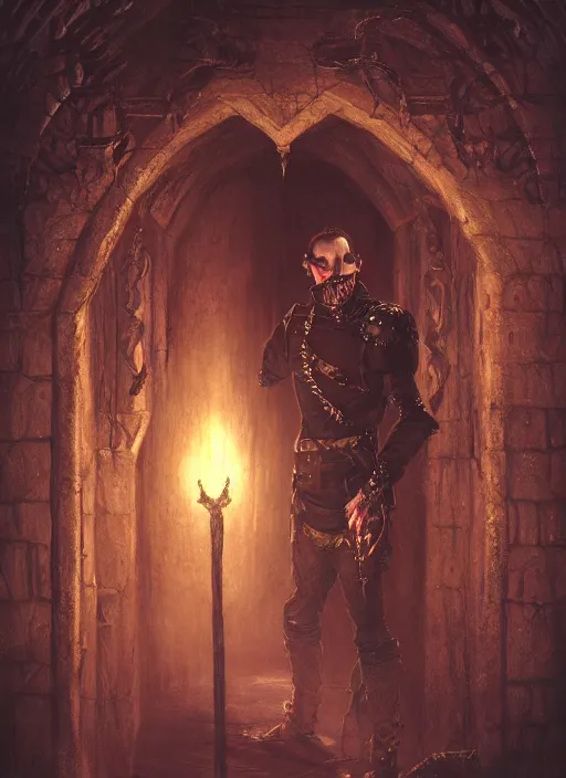 Image similar to Beautiful horror art portrait of a Fantasy vampire in a dark medieval castle dungeon by Albert Bierstadt, atmospheric lighting, intricate detail, cgsociety, hyperrealistic, octane render, RPG portrait, ambient light, dynamic lighting
