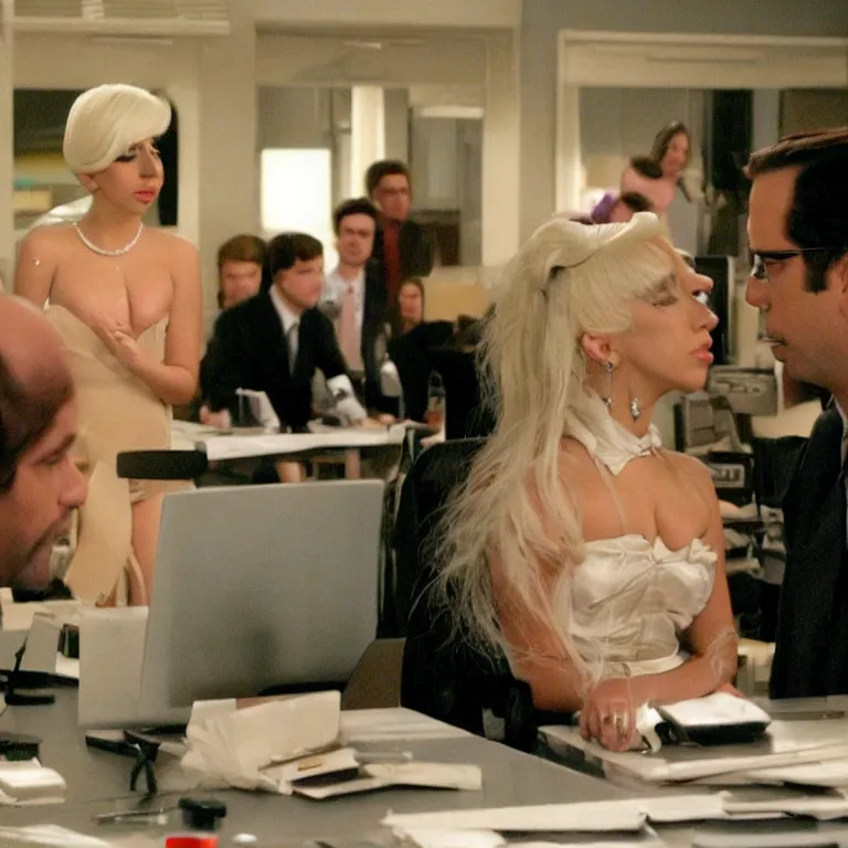 Image similar to lady gaga looking at the camera, from the office ( 2 0 0 5 ), detailed background, in the middle of dwight schrute and michael scott.