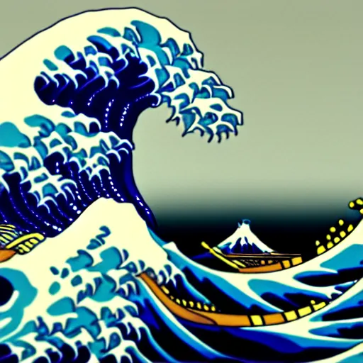 Image similar to photorealistic 8 k 3 d render of great wave of kanagawa, global illumination, rim light