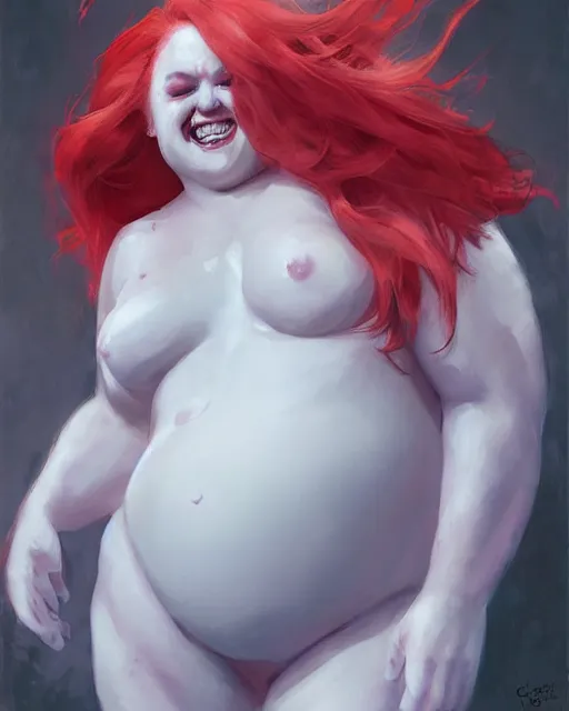 Image similar to laughing white extremely fat blob humanoid, with red hair | | realistic shaded, fine details, realistic shaded lighting poster by greg rutkowski, magali villeneuve, artgerm, jeremy lipkin and michael garmash and rob rey