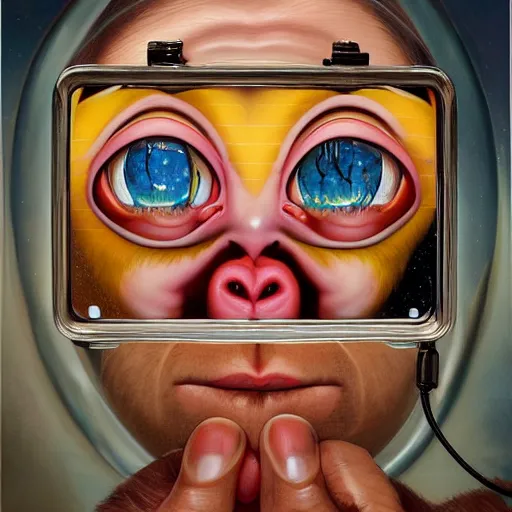 Image similar to lofi monkey in front of a mirror reflecting anger of a human face, symmetrical hands, doctors mirror, Pixar style by Tristan Eaton Stanley Artgerm and Tom Bagshaw, high detail