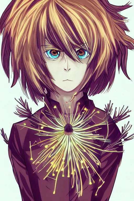 Image similar to glowing luminescent dandelion male anime character, symmetrical, highly detailed, digital art, sharp focus, trending on art station, amber eyes, autumnal colours