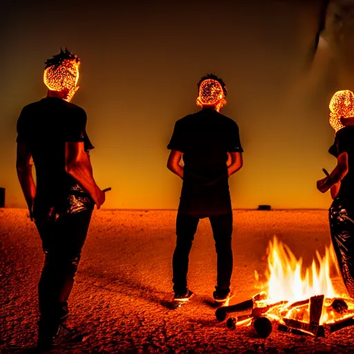 Image similar to photograph of three ravers photographed from behind, talking around a fire, photorealistic, dancefloor kismet, diverse costumes, clean composition, desert transition area, bonfire, night, australian desert, xf iq 4, symmetry, sony a 7 r, 1 5 0 mp, 5 0 mm