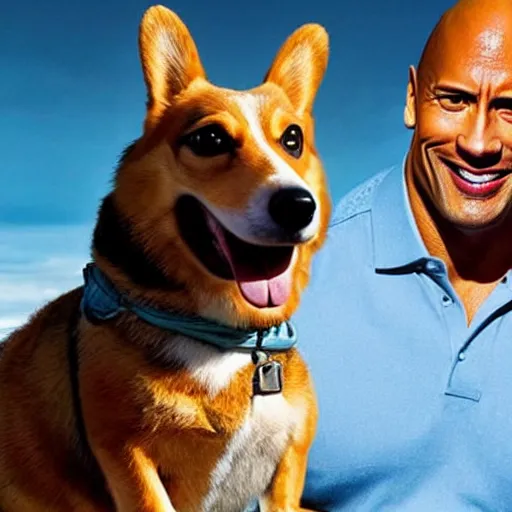 Image similar to photo of dwayne johnson riding a giant corgi, highly - detailed, sharp focus, award - winning