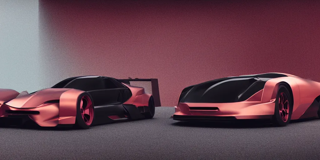 Image similar to a design of a futuristic race car, lifted off-road tires, designed by Polestar and DMC, vaporwave sunrise background, brushed red copper car paint, black windows, dark show room, dramatic lighting, hyper realistic render, depth of field