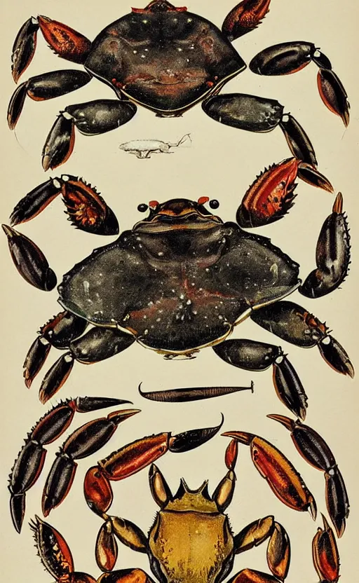 Prompt: a page of crabs illustrations, 1 9 0 0 s, highly detailded