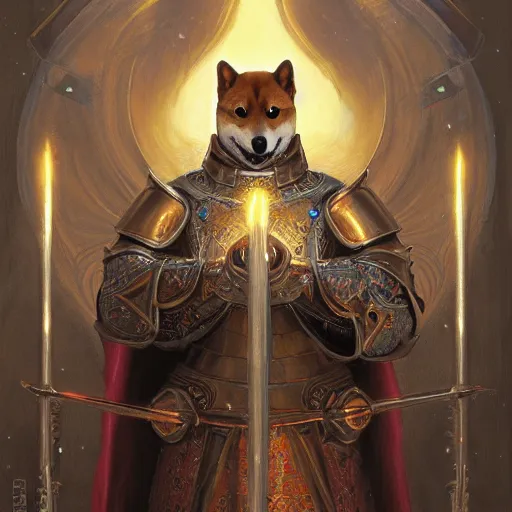 Prompt: anthropomorphic shiba inu, medieval holy paladin knight armor, fantasy, holy light, portrait art by donato giancola and greg rutkowski, realistic face, visible holy aura, digital art, trending on artstation, symmetry