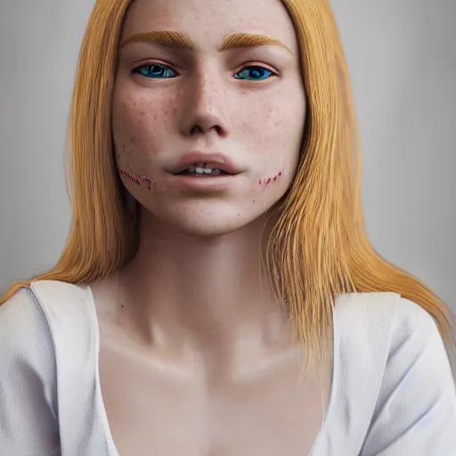 Prompt: Portrait of a Strawberry-Blonde Girl, Young Beautiful Face, Green Eyes, Freckles, Wearing a white crop-top and jeans, with a subtle smile, Detailed, 8K, Epic, Charming, Character, Octane Rendering, Hyper Realistic