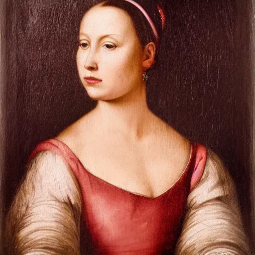 Image similar to Renaissance oil painting full head portrait pretty young lady, dark hair, pink cheeks, grey and white dress