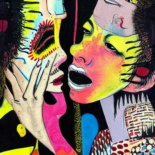 Prompt: beautiful painting of two bizarre psychedelic women kissing each other closeup in tokyo in summertime, speculative evolution, mixed media collage by basquiat and junji ito, magazine collage art, paper collage art, sapphic art, lesbian art