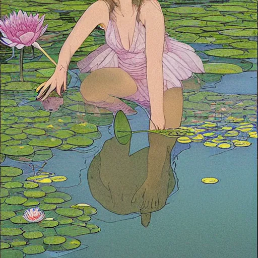 Image similar to A girl bathes in a lake where water lilies are floating, art by moebius, High definition, detailed,