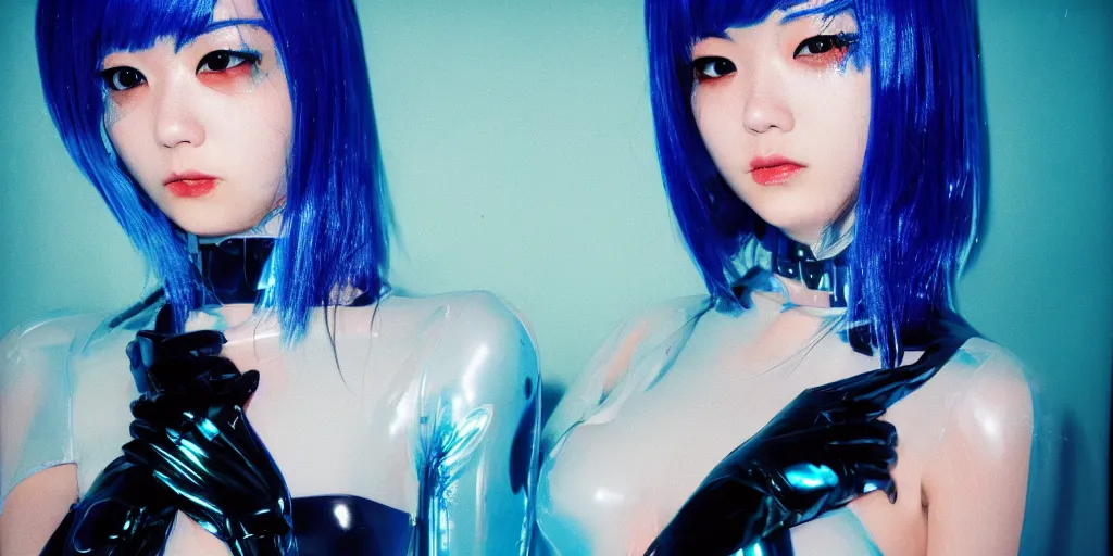 Prompt: a close - up risograph long shot of cyberpunk japanese model girl with black eyes and pretty face wearing latex catsuit and lots of transparent and cellophane accessories, blue hour, twilight, cool, portrait, kodachrome, iso 1 2 0 0, style by moebius