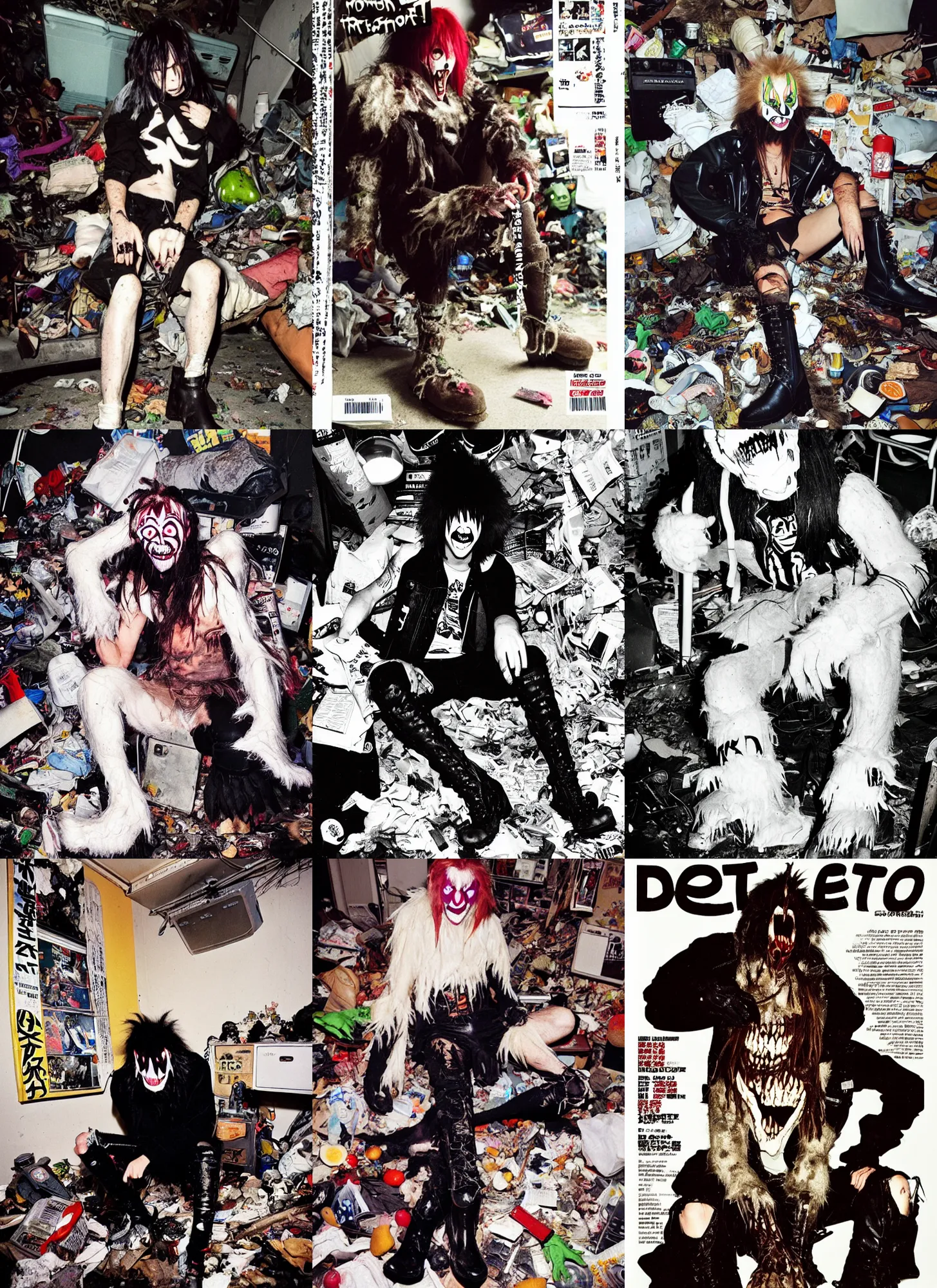 Prompt: photo of goblin wearing ripped up dirty Swear kiss monster teeth yeti platform boots in the style of Ryan Trecartin in the style of 1990's FRUiTS magazine 20471120 in japan in a dirty dark dark dark poorly lit bedroom full of trash and garbage server racks and cables everywhere in the style of Juergen Teller in the style of Shoichi Aoki, japanese street fashion, KEROUAC magazine, Walter Van Beirendonck W&LT 1990's, Vivienne Westwood, y2K aesthetic