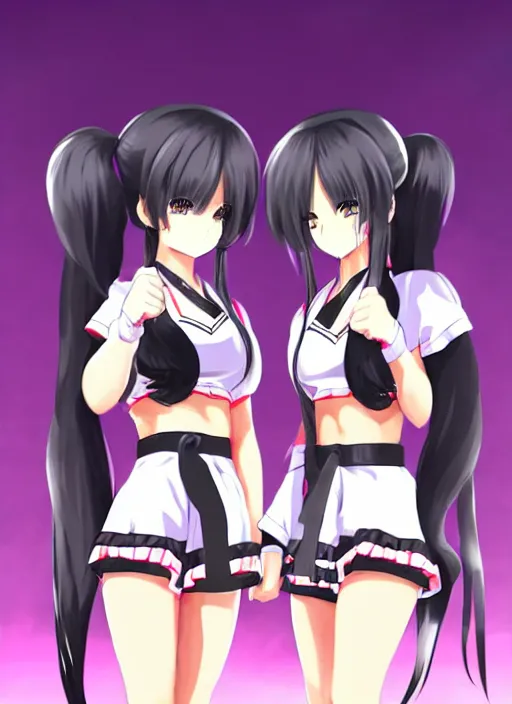Image similar to two beautiful female fighters with twintails taunting each other, high waist shorts, white top, dim lighting, gorgeous features, smooth, detailed anime art