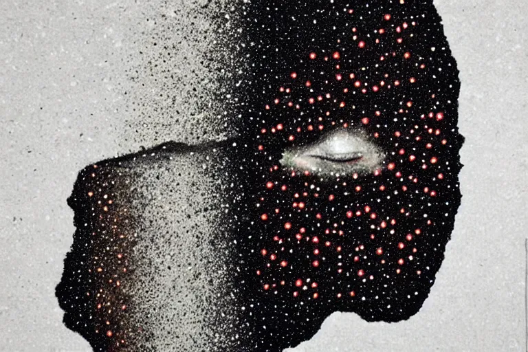 Image similar to face made out of planet, faceless people dark, dots, drip, stipple, pointillism, technical, abstract, minimal, style of francis bacon, asymmetry, pulled apart, cloak, hooded figure, made of dots, abstract, balaclava