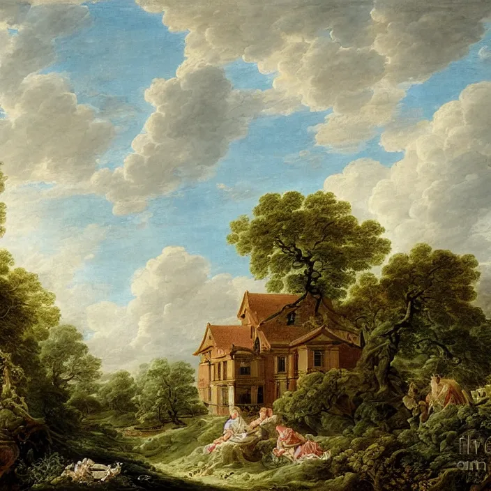 Image similar to a building in a serene landscape, by francois boucher