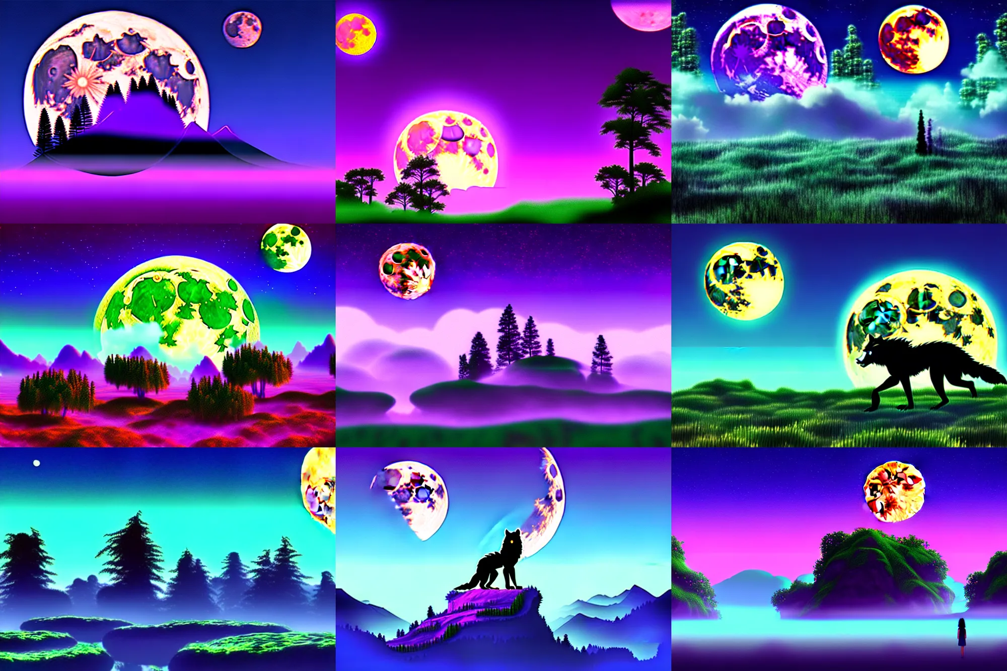 Image similar to A tranquil werewolf vaporwave dreamscape, the land of the endless full moon
