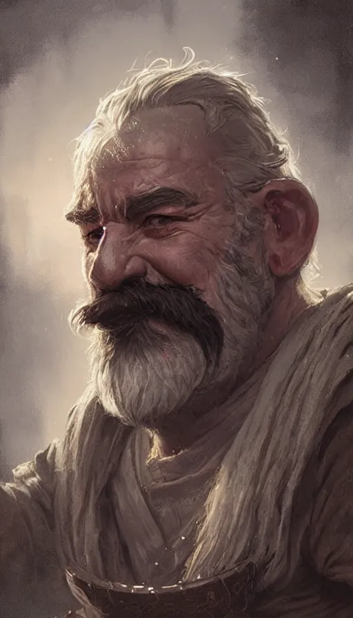 Prompt: Portrait of an old fantasy dwarf with a large moustache, male, detailed face, fantasy, highly detailed, cinematic lighting, digital art painting by greg rutkowski