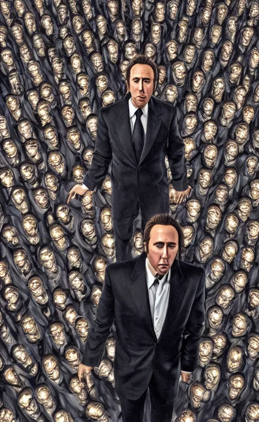 Image similar to nicolas cage surrounded by Oscar statues. Cinematic, hyper realism, realistic proportions, dramatic lighting, high detail 4k.