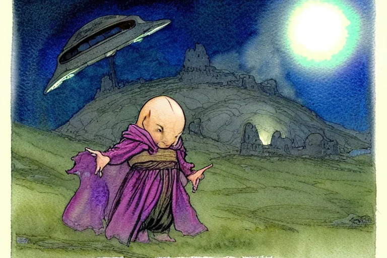 Prompt: a realistic and atmospheric watercolour fantasy character concept art portrait of a short fat chibi alien wearing robes emerging from the mist on the moors of ireland at night. a ufo is in the sky. by rebecca guay, michael kaluta, charles vess and jean moebius giraud