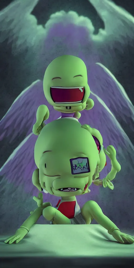 Image similar to a foreboding, menacing sleep paralysis Tommy Pickles, epic angel wings, cinematic opening shot, intimidating Nicktoons nightmare, trance chaos, highly detailed, in the style of 2D cartoon art, blender, rendered in octane