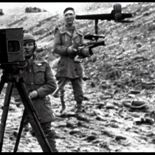 Image similar to world war 2 footage of germany testing a nuclear bomb, taken on a ww 2 camera, you can see a single german soldier standing next to the camera, realistic.