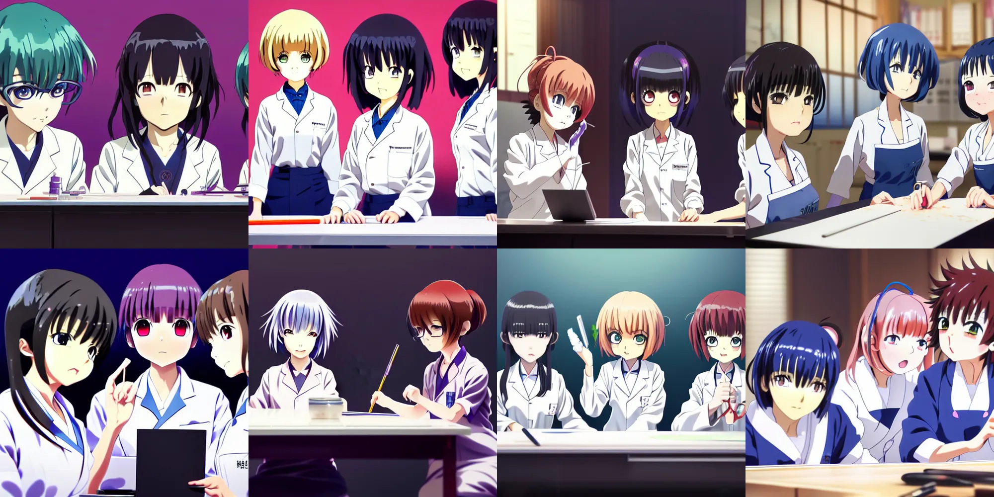 Prompt: anime still film anime shikishi, three female character mad scientists crafting on desk, cute face by ilya kuvshinov yoshinari yoh makoto shinkai katsura masakazu kyoani, dynamic perspective pose super detailed facial features eyebrowless symmetry, gapmoe yandere grimdark, crisp and sharp cel shade ambient light n