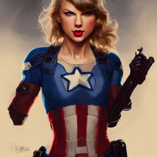 Image similar to Taylor Swift as Captain America, portrait, highly detailed, digital painting, artstation, concept art, sharp focus, illustration, cinematic lighting, art by artgerm and greg rutkowski and alphonse mucha