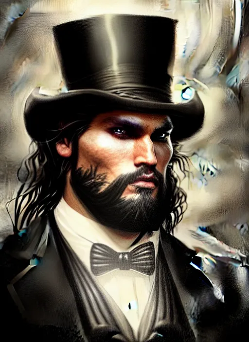 Image similar to portrait of jason mamoa wearing a top hat, victorian, concept art, detailed face, fantasy, close up face, highly detailed, cinematic lighting, digital art painting by greg rutkowski