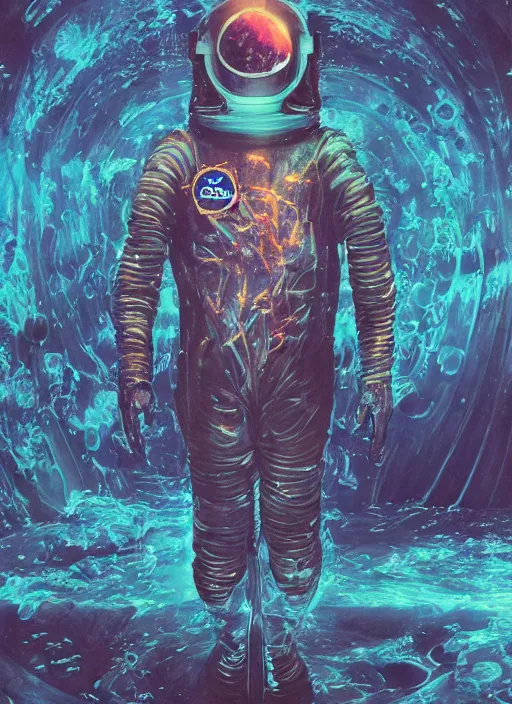 Image similar to astronaut in dark void underwater - complex and hyperdetailed technical suit design. reflection and dispersion materials. rays and dispersion of light. volumetric light. f / 3 2. noise film photo. flash photography. ultra realistic, 5 0 mm. poster by wayne barlowe, hajime sorayama aaron horkey, craig mullins