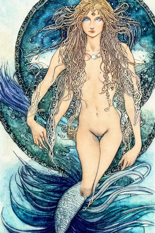 Prompt: mermaid with dark skin and long flowing hair face closeup surrounded circular frame of fish, art by luis royo and walter crane and kay nielsen, watercolor illustration, ultra sharp focus