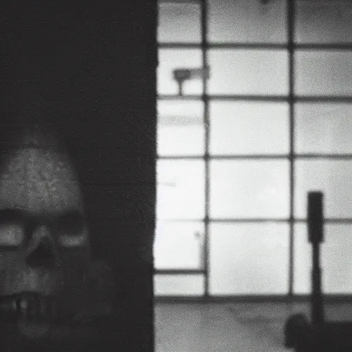 Image similar to low quality surveillance found footage of a cluttered abandoned laboratory, dark shadow monster in far background, dark flickering fluorescent lighting, film grain